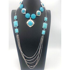 Lauren Michael Layering Necklaces Two with Blue Cabochons Silver‎ Tone Chains